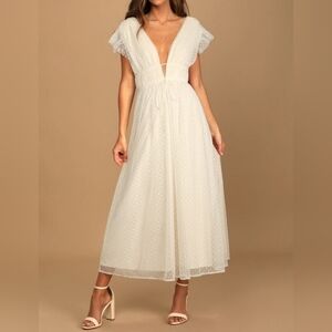 Lulus Yours Evermore Cream Swiss Dot Ruffled V-Neck Midi Dress - Size XL